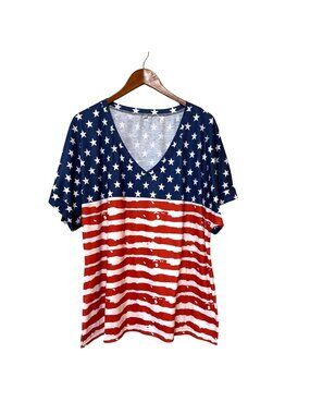 American Flag V-Neck T-Shirt Patriotic Stars & Stripes Loose Fit Womens 2XL